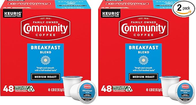 Community Coffee Breakfast Blend Medium Roast Single-Serve Keurig K-Cup Pods 48 Count (Pack of 2)