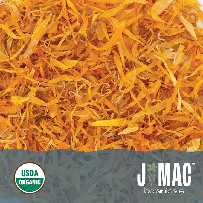 J Mac Botanicals, Organic Calendula Petals (4 oz) edible dried flowers petals, pairs well with edible dried rose petal, edible flowers for ice cubes, edible flowers for food, beverages, bath bombs