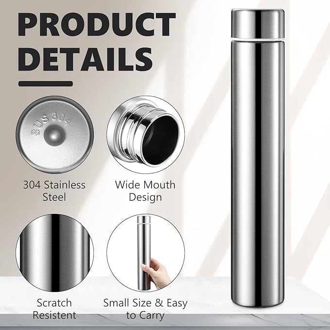 Vesici Slim Water Bottle 8.8 oz Small Stainless Steel Purse Compact Insulated Water Bottles Camping Travel Backpack Pocket Flask for Car Cold Coffee Tea(Silver,2 Pack)