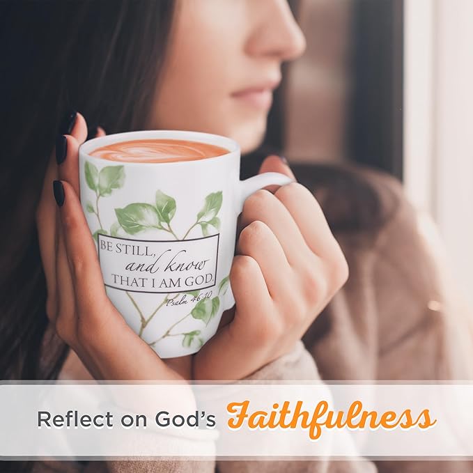 Christian Art Gifts Encouraging Scripture Ceramic Coffee & Tea Mug for Women: Be Still & Know Bible Verse Psalm, Inspirational Microwave/Dishwasher Safe Drinkware, White & Green Leaf Branches, 12 oz.