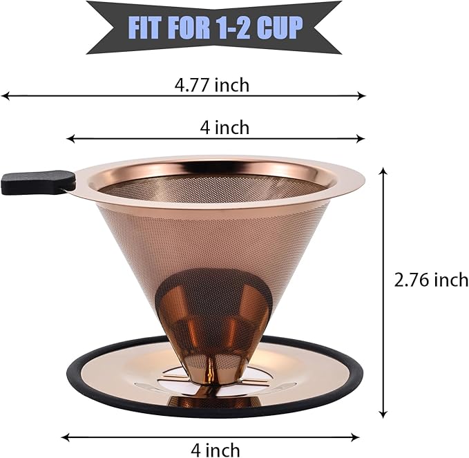 Small Size Pour Over Coffee Dripper, Stainless Steel Metal Cone Drip Coffee Filter, Paperless and Permanently Reusable, Double Mesh Coffee,TeaFilter for 1-2 Cups