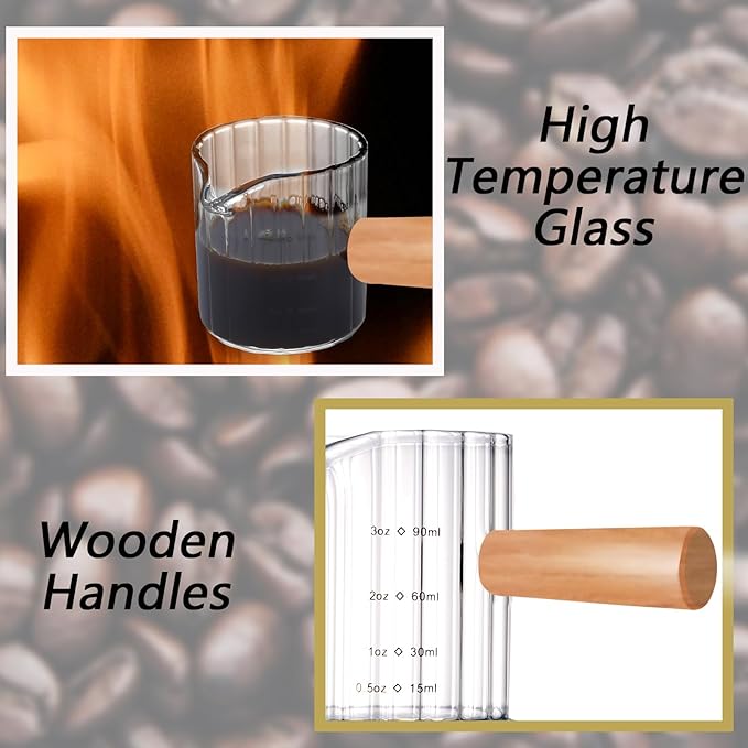Espresso Measuring Cup 3 Oz, Espresso Glass Cups with Wood Handle, Milk Frothing Cup, Espresso Cup for Coffee, Milk, Tea or Maple Syrup Serving