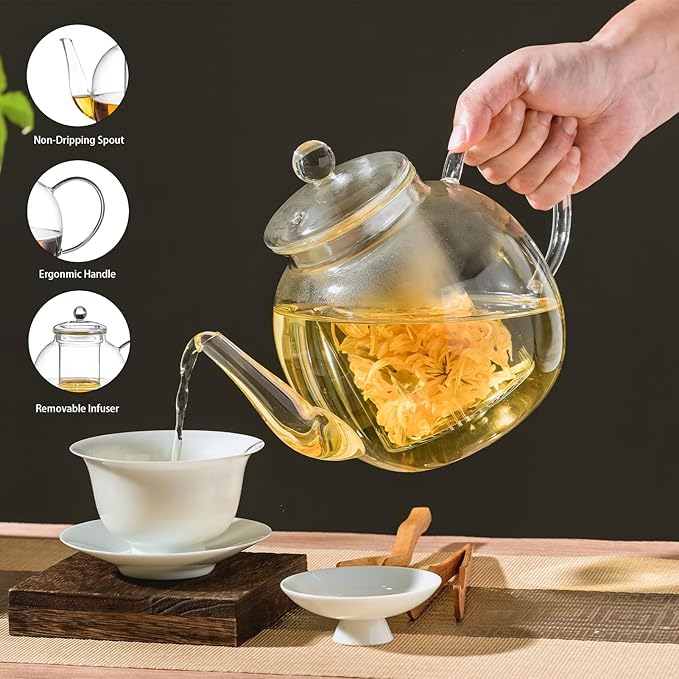 1530 ml/52 oz Large Glass Teapot with Removable Infuser, Clear Tea Kettle Stovetop Safe for Loose Leaf and Blooming Tea, Tea Lover's Choice