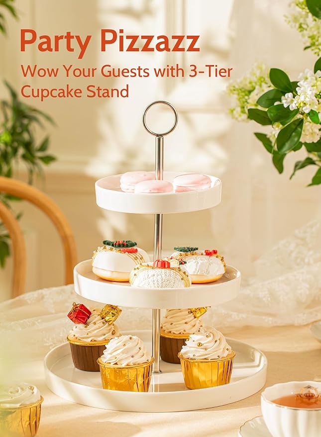 Sweese Porcelain 3-Tier Cupcake Stand - Elegant White Cake Stand for Desserts, Tiered Serving Tray for Parties, Weddings, Birthdays - Durable Stainless Steel Rods