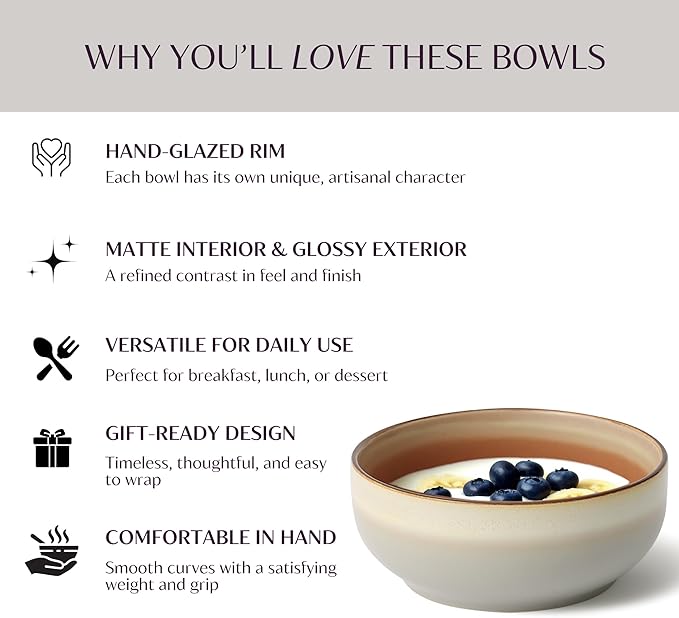 Ceramic Cereal Bowls Set of 4-21 oz Stoneware Bowls for Soup, Salad, Dessert or Ice Cream - Stackable, Dishwasher & Microwave Safe, Small Rustic Bowls for Kitchen -Terracotta/Reactive Glaze