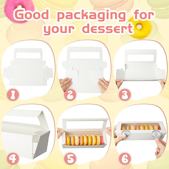 Sherr 100 Pcs White Macaron Boxes with Window, Cookies Boxes with 200 Pcs Stickers Long Bakery & Dessert Gifts Containers for Donuts, Pastry, Chocolate Covered Strawberry