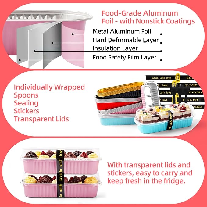 Mini Loaf Pans with Lids and Spoons Sealing Sticker,120 Pcs 6.8oz Cake Pans for Baking Disposable Aluminum Foil Red cake pan (mixed)