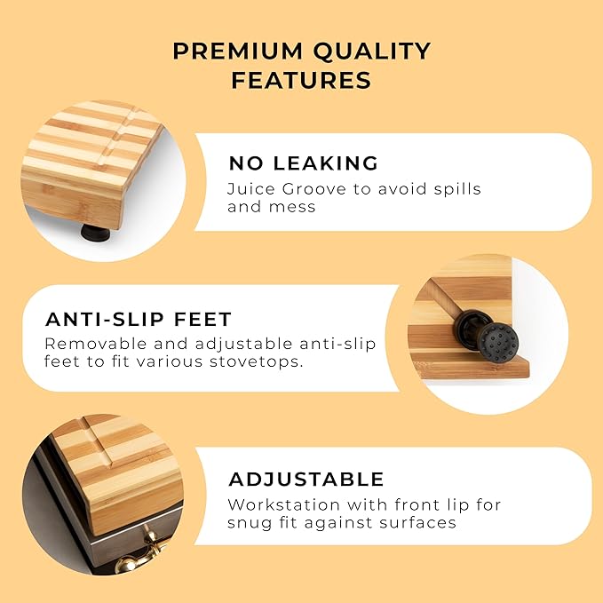 Prosumer's Choice Stovetop Cover Bamboo Cutting Board | Premium, Sustainable, Expands Kitchen Space, Easy to Clean - with Adjustable Legs and Juice Grooves - Large - 29.5"L x 3.5"W x 21"H