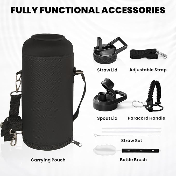Insulated Water Bottle 87 oz, Triple Wall Vacuum Stainless Steel (Cold for 48 Hrs), Leak Proof & Non-BPA, Modern Water Flask Jug with Paracord Handle & Straw Spout Lids, Magic Black