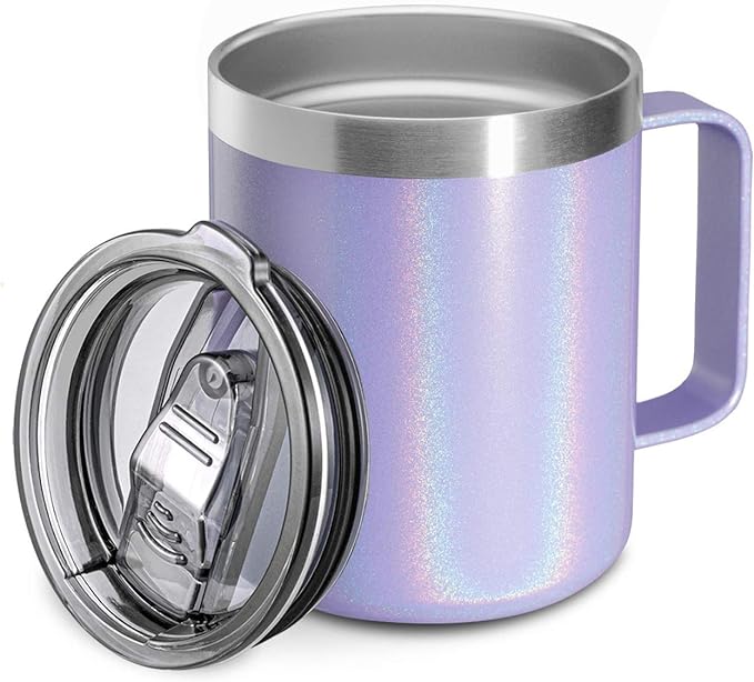 ALOUFEA 12oz Stainless Steel Insulated Coffee Mug with Handle, Double Wall Vacuum Travel Mug, Tumbler Cup with Sliding Lid, GLITTER LAVENDER