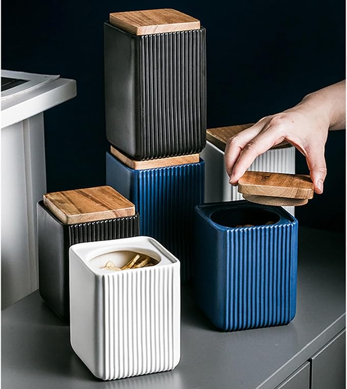 Ceramic Storage Jars Modern Elegant Polished Airtight Gorgeous Storage Canisters with Wooden Lid Small Food Stroage Jar for Kitchen Spice Tea Vanilla Sugar Coffee Beans (Black,Large size,17cm*10cm)