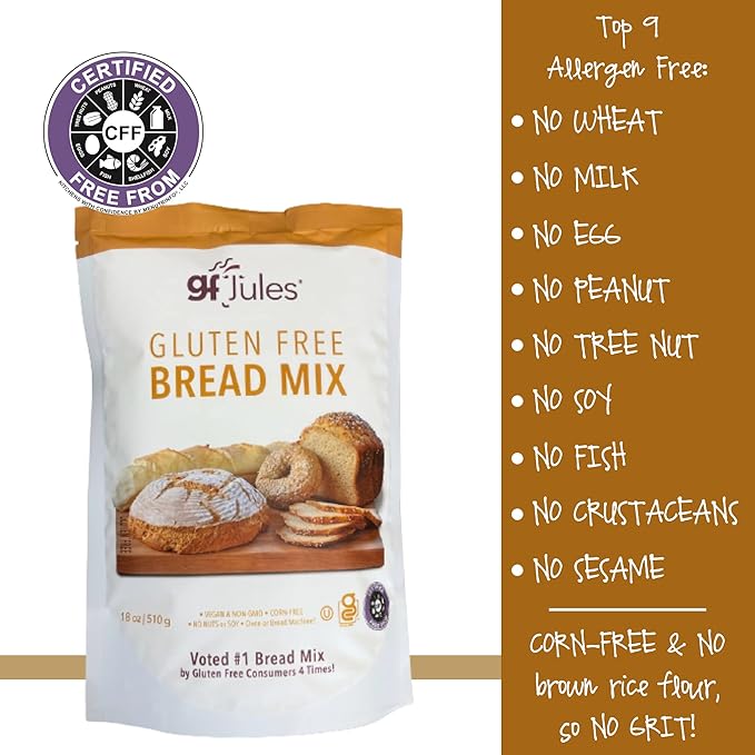gfJules Certified Gluten Free Bread Baking Mix | Loaf, Baguettes, Bagels, Focaccia and more | No Grit, Non-GMO, Vegan | Certified Top 9 Allergen-Free & Kosher | 18 Ounces
