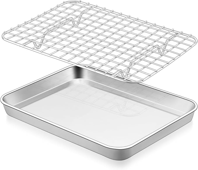E-far Baking Sheet with Rack Set, 9.5” x 7.3” Stainless Steel Cookie Sheet Baking Pan for Toaster Oven, Mini Metal Tray with Cooling Wire Rack for Cooking Roasting, Non-toxic & Dishwasher Safe