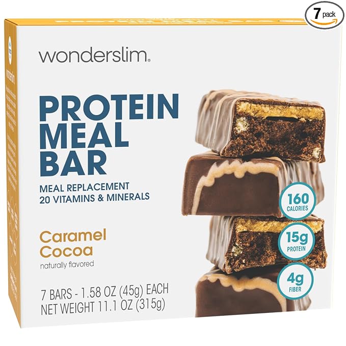 WonderSlim Meal Replacement Protein Bar, Caramel Cocoa, 15g Protein, 20 Vitamins & Minerals, Gluten Free (7ct)