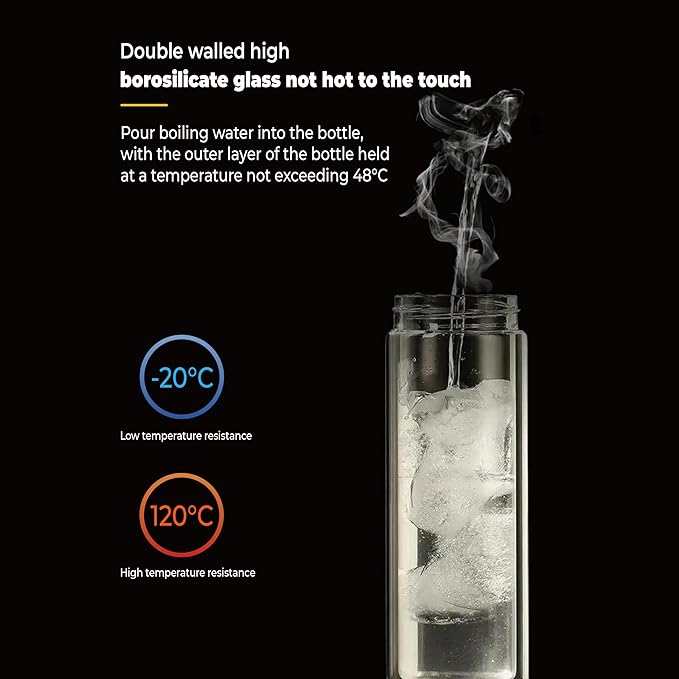 Glass Water Bottle Fits in Car Cup Holder, 14 oz Double Wall Borosilicate Glass Tea Infuser Bottle, One Handed One Key Lid Opening, for Car, Home, Office