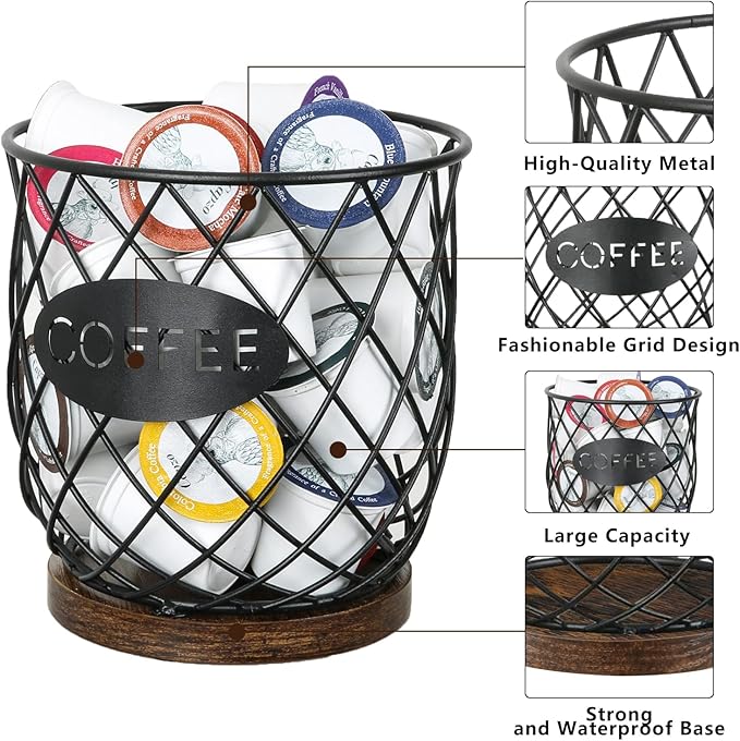 YINMIT K Cup Holder Organizer, Sturdy Coffee Pod Holder Organizer, 35 Kcup Large Capacity Storage Basket for Kitchen Counter and Office Desktop (Circular Grid)