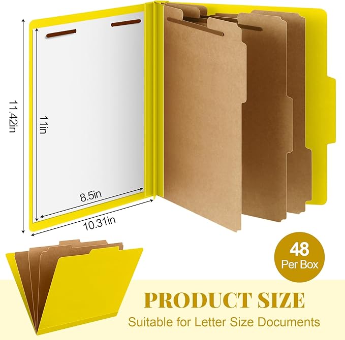 48 Pcs Classification Folders Letter Size, Back to School Supply for Teacher, Student, 3 Dividers Pressboard File Folder Bulk with 2 Fasteners, 3.5 Inch Expanding File Organizer (Yellow)