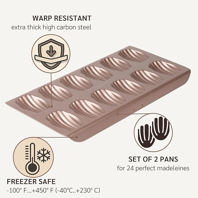 Non Toxic Nonstick Madeleine Pan 12 Well Set of 2 (24 wells) | Non Stick Nontoxic Madeleines Pans for baking | Madeleine Cake Cookie Mold | Madeleine tray for oven | French tin 12