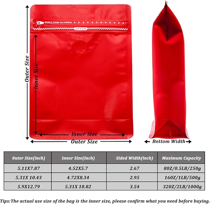 Coffee Bags with Valve (50 PCS,8oz/0.5lb) Red High Barrier Aluminum Foil Flat Bottom Standing Coffee Beans Storage Packaging Bags, Reusable Heat Seal Side Zipper Pouches for Small Business and Home