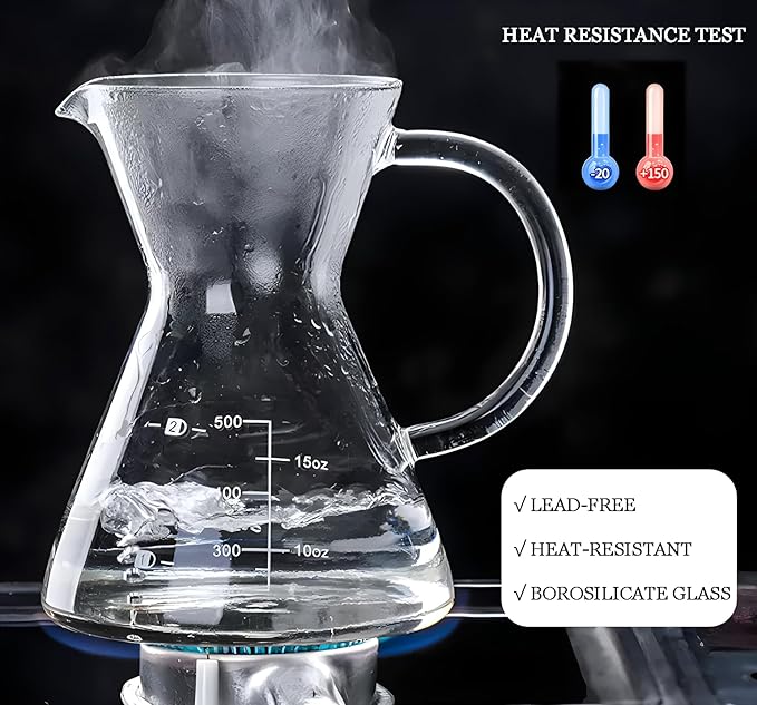 Pour Over Coffee Maker with Reusable Stainless Steel Drip Filter, Glass Drip Coffee Maker Set, Lead-Free Borosilicate Glass Coffee Carafe for 1-4Cup, Clear (500ml/17oz)