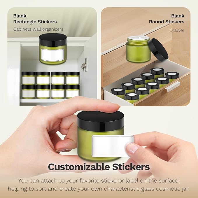 2 oz Small Glass Jars with Lids, Bumobum 48 pack Round Green Glass Candle Jars with Black Lids, White Labels & Inner Liners, Empty Cosmetic Containers for Cream, Lotion, Slime, Ointment
