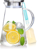 SUSTEAS 2.0 Liter 68oz Glass Pitcher with Lid, Easy Clean Heat Resistant Glass Water Carafe with Handle for Hot/Cold Beverages - Water, Cold Brew, Iced Tea & Juice, With 1 Long-Handled Brush Included