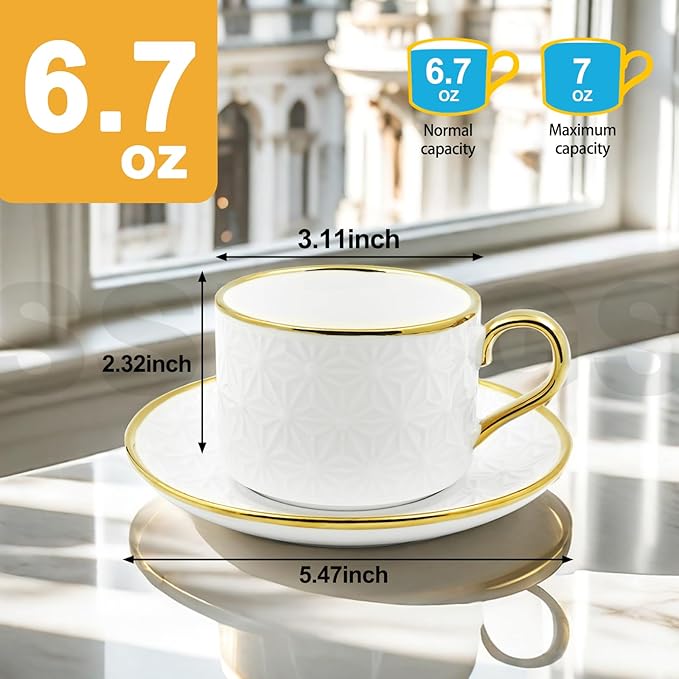 Espresso Cups and Saucers Set of 6, 7 OZ Porcelain Cappuccino Cups with Saucers, Stackable Coffee Mugs for Demitasse, Latte, Cafe, Mocha, Tea, Mother's Day Gift Thanksgiving Christmas Gift Present