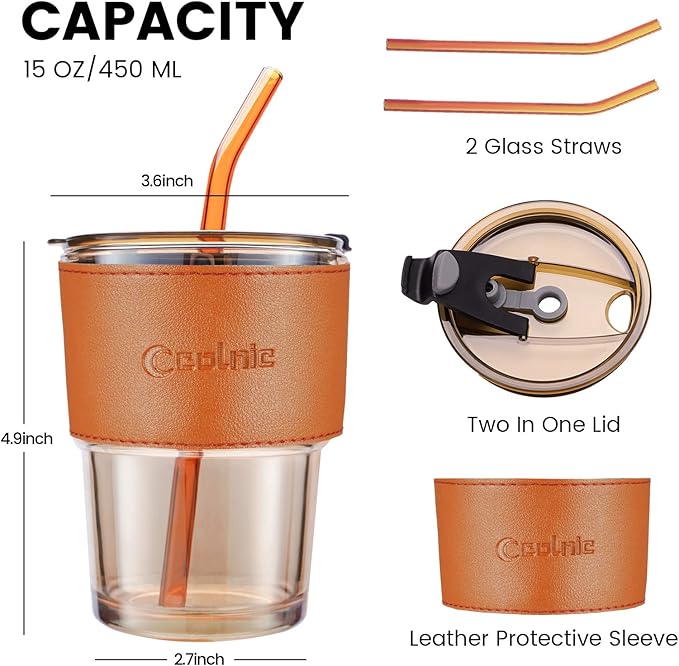 Iced Coffee Cup, 15 oz Glass Cups With Lids And Straws, Iced Coffee Glasses Tumbler, Thick Wall Mug For Tea Water With 2 Straw And Leather Sleeve, Glass Tumbler Gifts