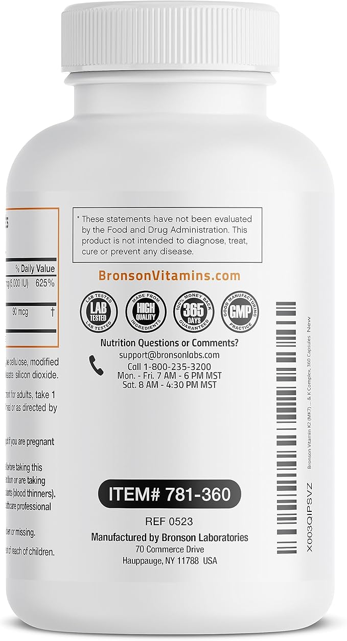Bronson Vitamin K2 (MK7) with D3 Supplement Non-GMO Formula 5000 IU Vitamin D3 & 90 mcg K2 MK-7 Easy to Swallow D & K Complex, 360 Capsules