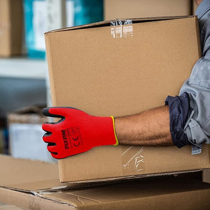 DULFINE Safety Work Gloves PU Coated-12 Pairs,Red Seamless Knit Glove with Polyurethane Coated Smooth Grip on Palm & Fingers, for Men and Women, Ideal for General Duty Work (Small)