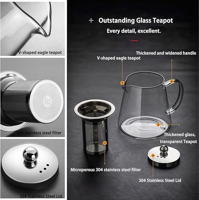 Glass Teapot (25oz/750ml) MJZQCD with Removable Stainless Steel Infuser,Glass Tea Pot transparent Stovetop tea Kettle,Blooming and Loose Leaf Tea Maker,Microwave & Dishwasher Safe