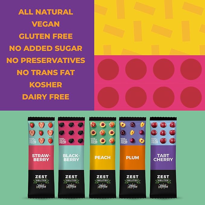 Fruit Snacks by Zest Delites, Fruit Leather Bars, Healthy Snacks for Adults & Kids, Vegan, Apple-Based, Strawberry, Peach, Blackberry, Plum, Tart Cherry, Bulk 0.88 oz x 50