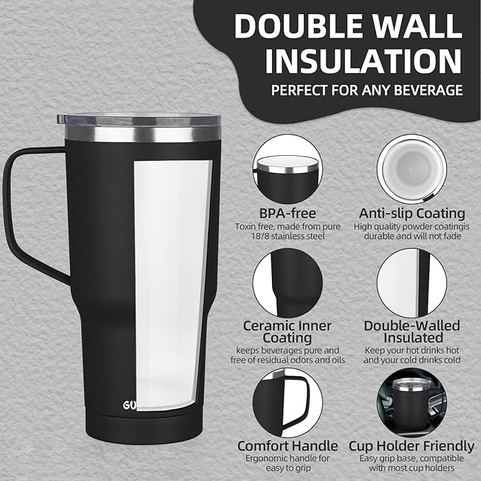20 oz Insulated Coffee Mug with Ceramic Coating, Stainless Steel Travel Mug Tumbler with Handle Lid and Straw, Double Wall Leak-Proof Coffee Travel Mug Keeps Drink Hot and Cold (Black)