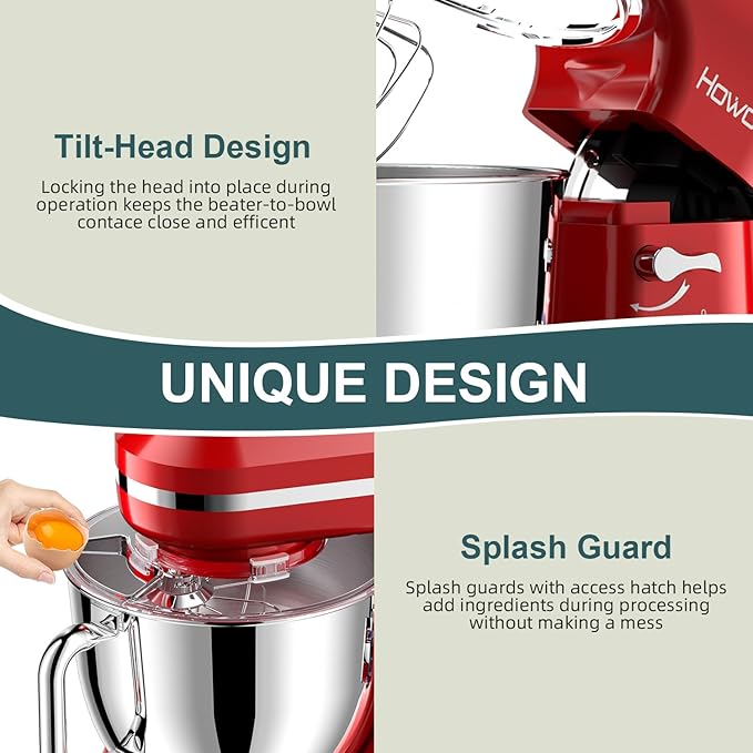 HOWORK Electric Stand Mixer,10+p Speeds With 6.5QT Stainless Steel Bowl,Dough Hook, Wire Whip & Beater,for Most Home Cooks,Bright Red