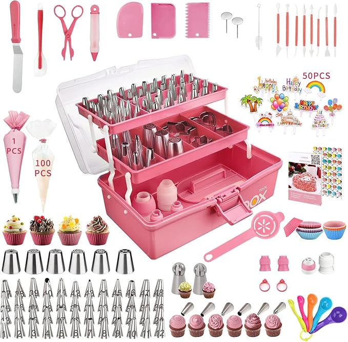 Cake Decorating Supplies Tools Kit: 358pcs Baking Accessories with Storage Case - Piping Bags and Icing Tips Set - Cupcake Cookie Frosting Fondant Bakery Set for Adults Beginners or Professional, Pink