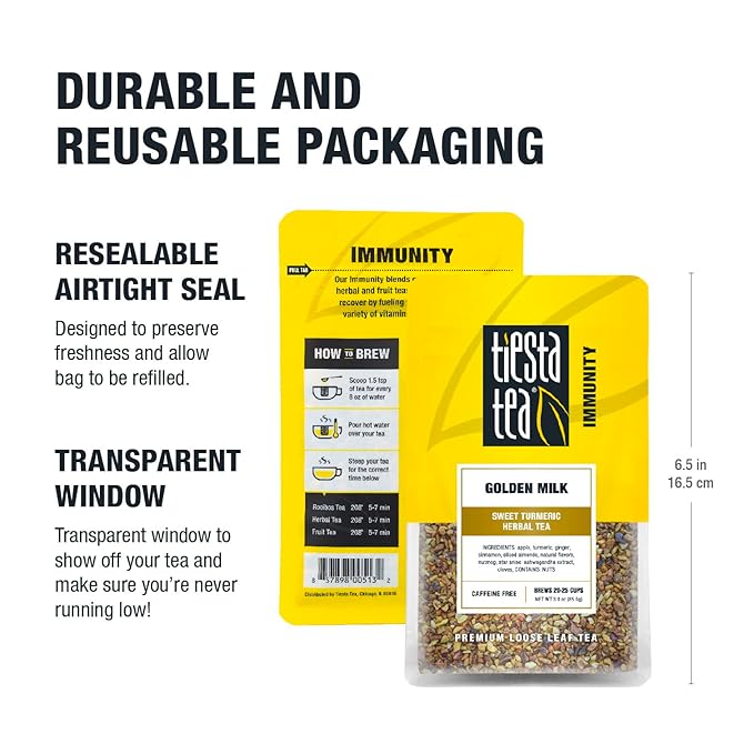 Tiesta Tea - Golden Milk, Loose Leaf, Sweet Turmeric Herbal Tea, Non-Caffeinated Herbal Blend, Makes Hot or Iced Up to 20-25 Cups, 3oz Resealable Pouch