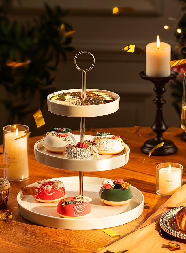 Sweese Porcelain 3-Tier Cupcake Stand - Elegant White Cake Stand for Desserts, Tiered Serving Tray for Parties, Weddings, Birthdays - Durable Stainless Steel Rods