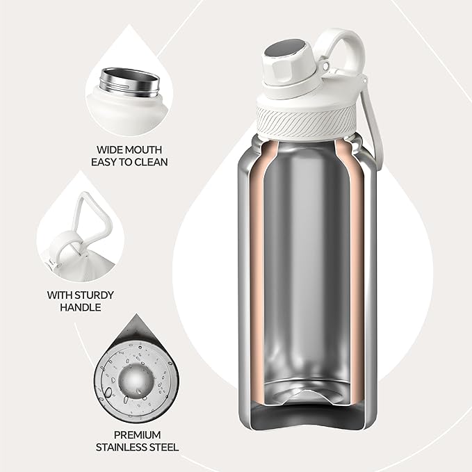 IDEUS Insulated Stainless Steel Water Bottle with 2 Leak-Proof Lids, Thermal Water Flask for Hiking Biking, 32oz, White