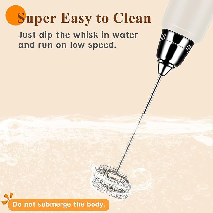 Milk Frother Handheld Rechargeable, Frother Wand Drink Mixer Electric Whisk for Coffee, Detachable With 3 Stainless Whisks, Hand Mixer for Lattes, Cappuccino, Matcha, Egg, No Stand, Beige