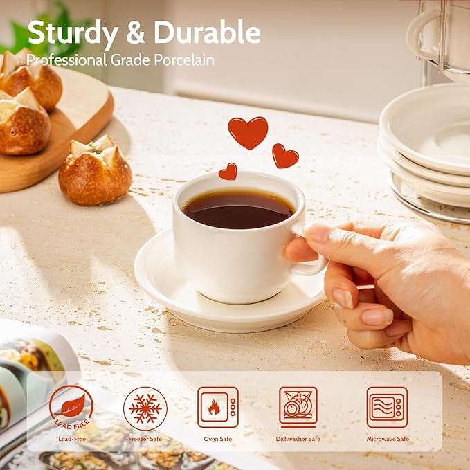 Sweese 8 Ounce Porcelain Stackable Cappuccino Cups with Saucers and Metal Stand - for Specialty Coffee Drinks, Cappuccino, Latte, Americano and Tea - Set of 4, White