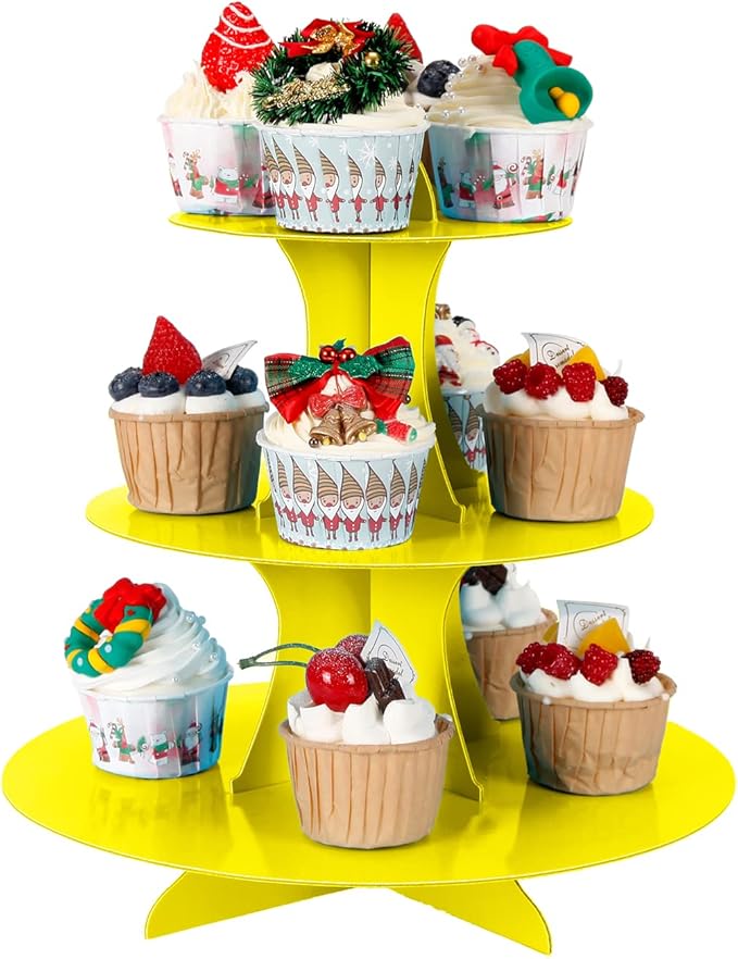 3-Tier Cupcake Stand, Cake Stand holder, Tiered DIY Cupcake Stand Tower for Dessert Table Displays, Birthday Theme Party Favors Decoration, Floral Tea Party, 12" W x 12.8" H, Yellow
