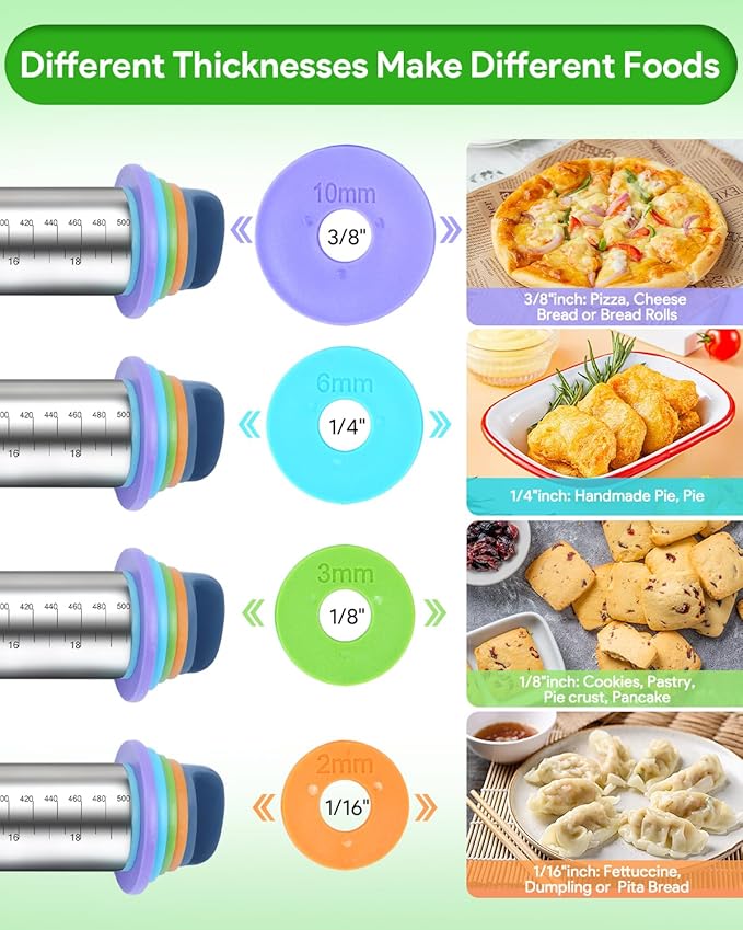 Adjustable Rolling Pin with Thickness Rings for Baking, Adjustable Stainless Steel Designs Dough Roller Pins for Cookie Decorating & Dough Pizza Pie Adjustable Long Rolling Pin 23.6 Inch