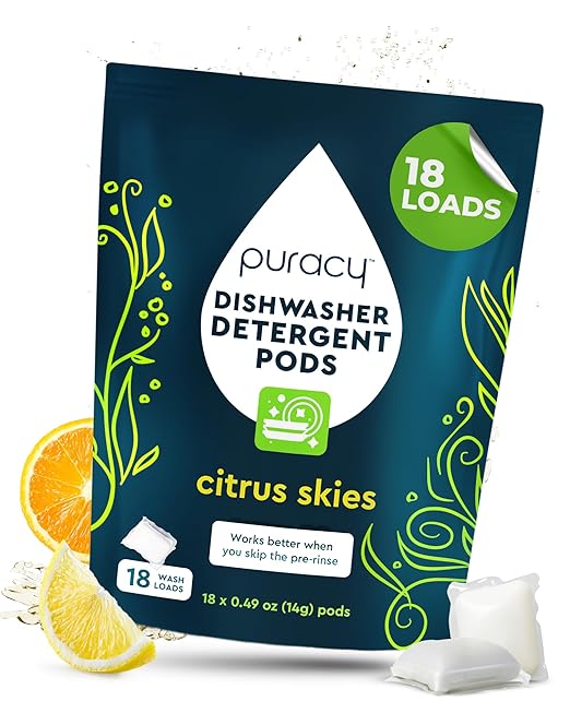 Puracy Dishwasher Pods, Natural Dishwasher Detergent, Free & Clear Dish tabs - Enzyme-Powered, Spot & Residue Free - TikTok Trend Items, Must Haves from TikTok Made Me Buy It (Citrus Skies, 18 Count)