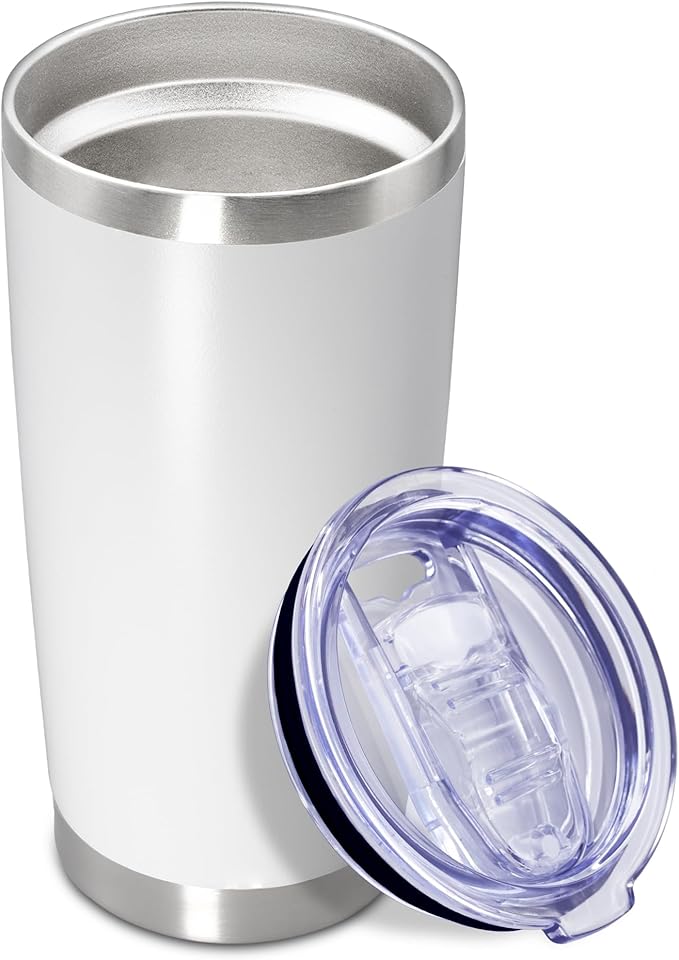 20 oz Tumbler Coffee Tavel Tumblers Bulk with Lid Stainless Steel Double Wall Vacuum Insulated Mug Powder Coated Cups fit Car Cupholder for Hot and Cold - White, 1Pack