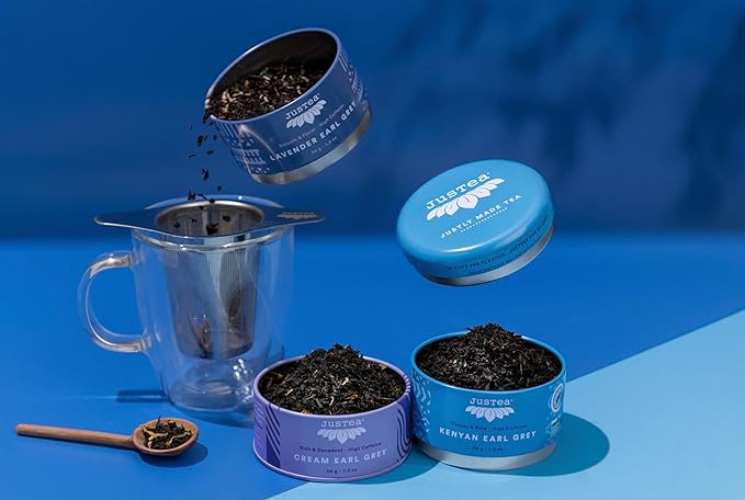 JusTea EARL GREY TEA TRIO | Stacking Tins Variety Pack with Hand Carved Tea Spoon | Loose Leaf Tea | High Caffeine | Fair Trade | Non-GMO