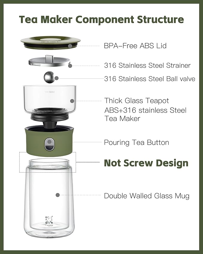 ZENS Modern Glass Infuser Teapot, Smart One Touch Tea Maker for Loose Tea Diffusers with Insulated Mug and Portable Case, Enchanted Teapot Alternatives for Tea Lover Gifts