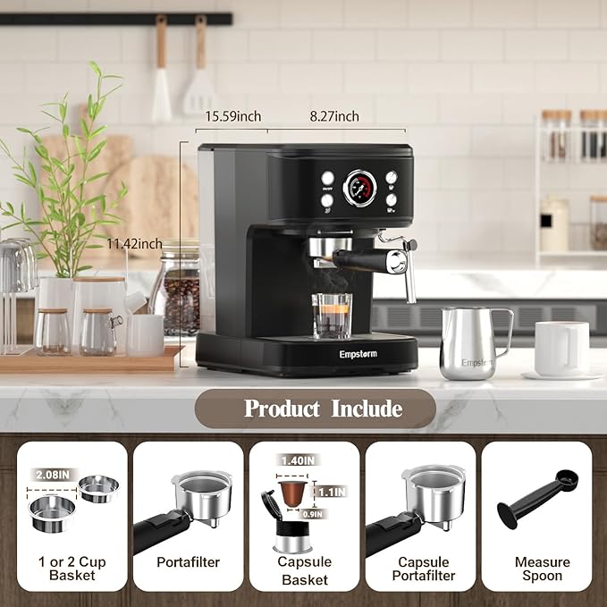 Black Espresso Machine with Milk Frother, Cappuccino Machines for Home, Coffee Espresso Machine Suitable for Coffee Powder/NS Original Capsules, Espresso Maker with Thermometer