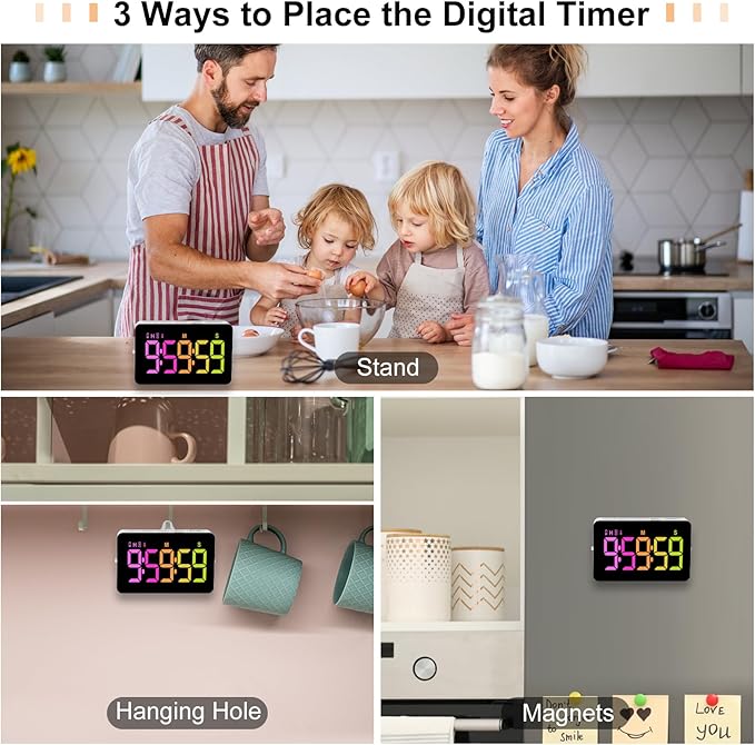 Kitchen Digital Timer, Count Down Up, Rechargeable, Vibration Mode Adjustable Volume and Brightness LED Display, Time Management Cook, Desk, Kids Adults Study Teaching, Kitchen Gadgets
