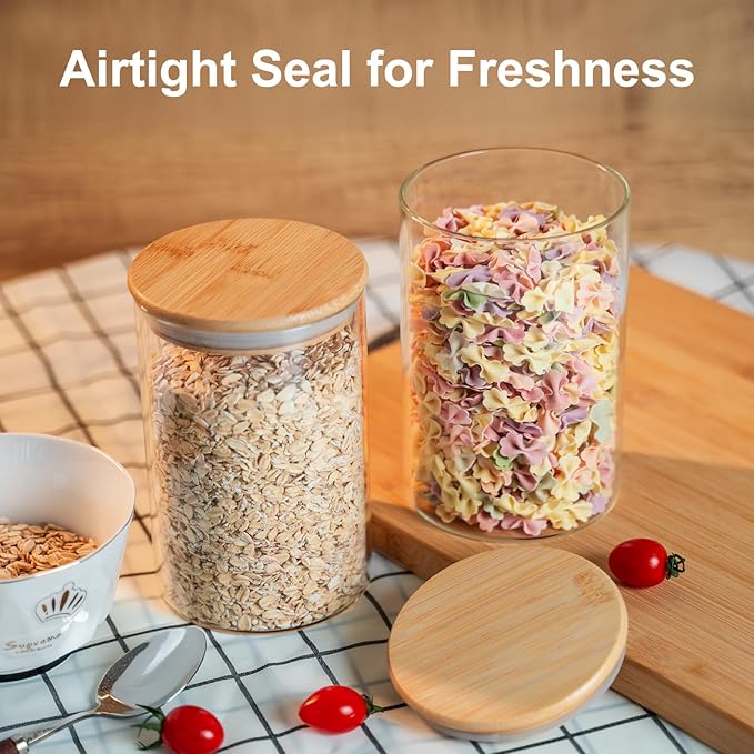 50oz Glass Food Storage Jars Set of 6,Glass Storage Containers Clear Glass Food Canister with Bamboo Lid Airtight For Serving Tea, Coffee, Flour, Sugar, Candy, Cookie, Spice and More (Round)