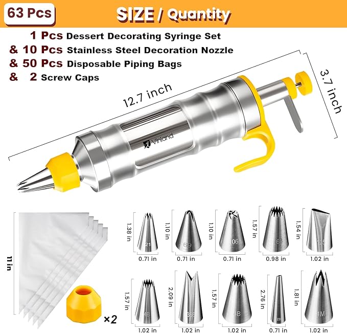 Dessert Decorating Syringe Set Icing Piping Kit Frosting Piping Kit Stainless Steels Cake Decorating Kit with 10 food grade stainless steel piping tips & 50 Disposable Piping Bags Yellow
